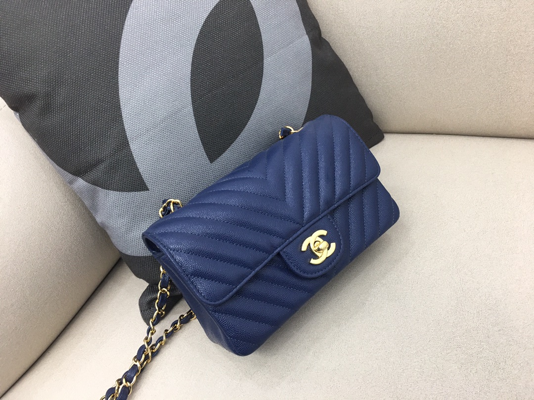 Small Classic Flap Caviar Bag A01116 Dark Blue/Gold